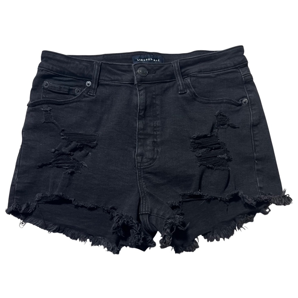 Aeropostale Vintage High Rise Shorty Black Distressed Denim Jean Shorts Size 8